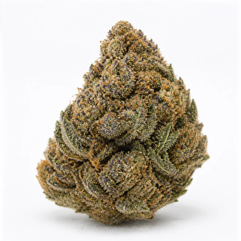 Ilustración de un cogollo compacto con tonos verdes y morados y pistilos anaranjados para la ficha de La Rica x Zombie Kush x Runtz.