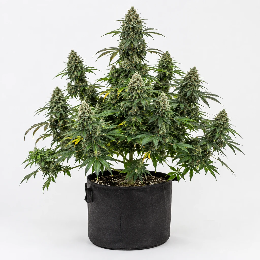 Ilustración de una planta en floración en maceta negra para la ficha de La Rica x Zombie Kush x Runtz Feminizada, con numerosos cogollos.