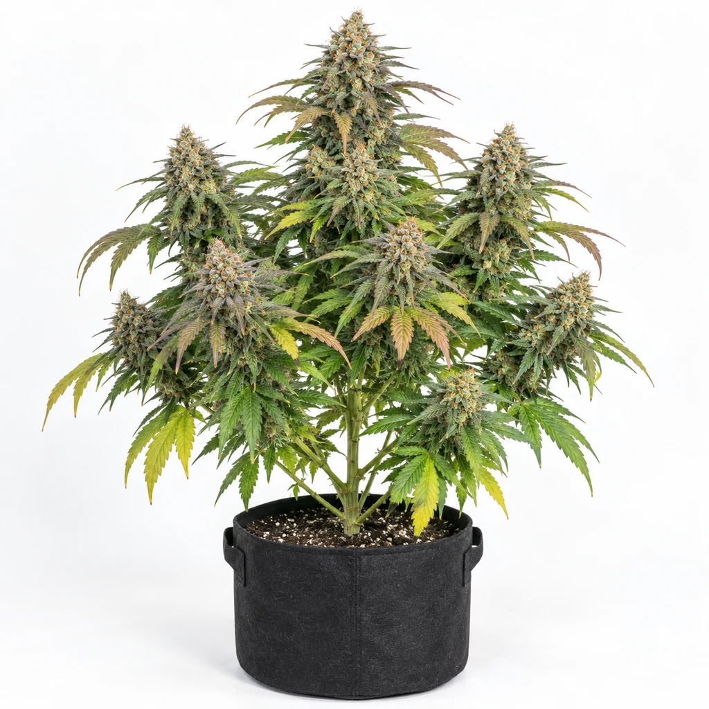 Ilustración de una planta de cannabis con varias colas florales en maceta negra para la ficha de Melon Meltdown Feminizada.