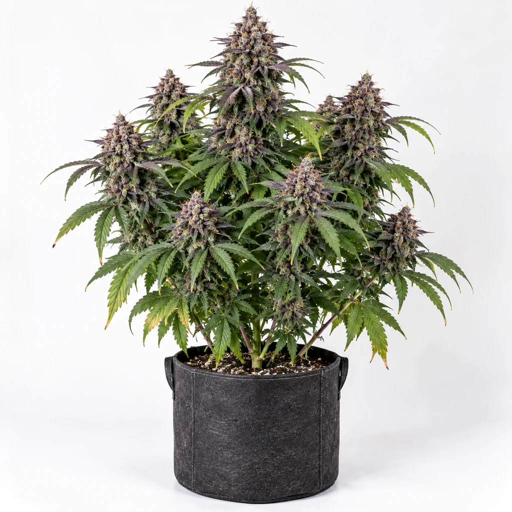 Ilustración de una planta con flores moradas y hojas verdes en maceta negra para la ficha de Purple Punch S1 Feminizada.