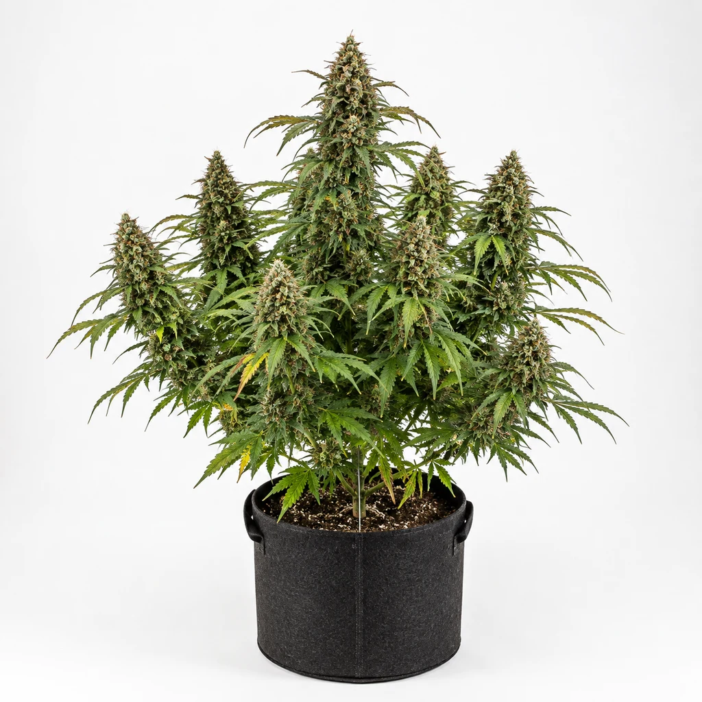 Ilustración de una planta de cannabis con abundantes cogollos en maceta negra para la ficha de Midnight Bessie Autofloreciente.