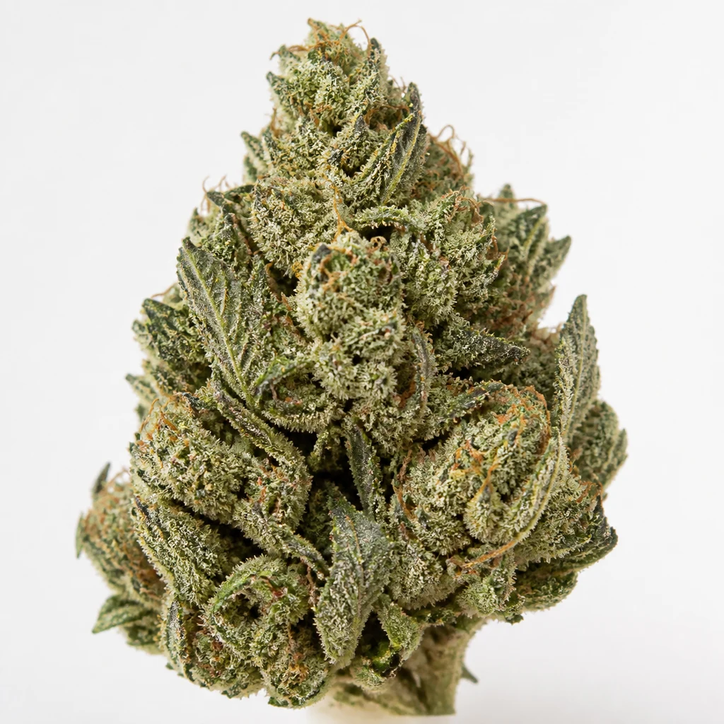 Ilustración de un cogollo verde con hojas y filamentos anaranjados para la ficha de Banana Cream Cake XL Auto – Sweet Seeds.