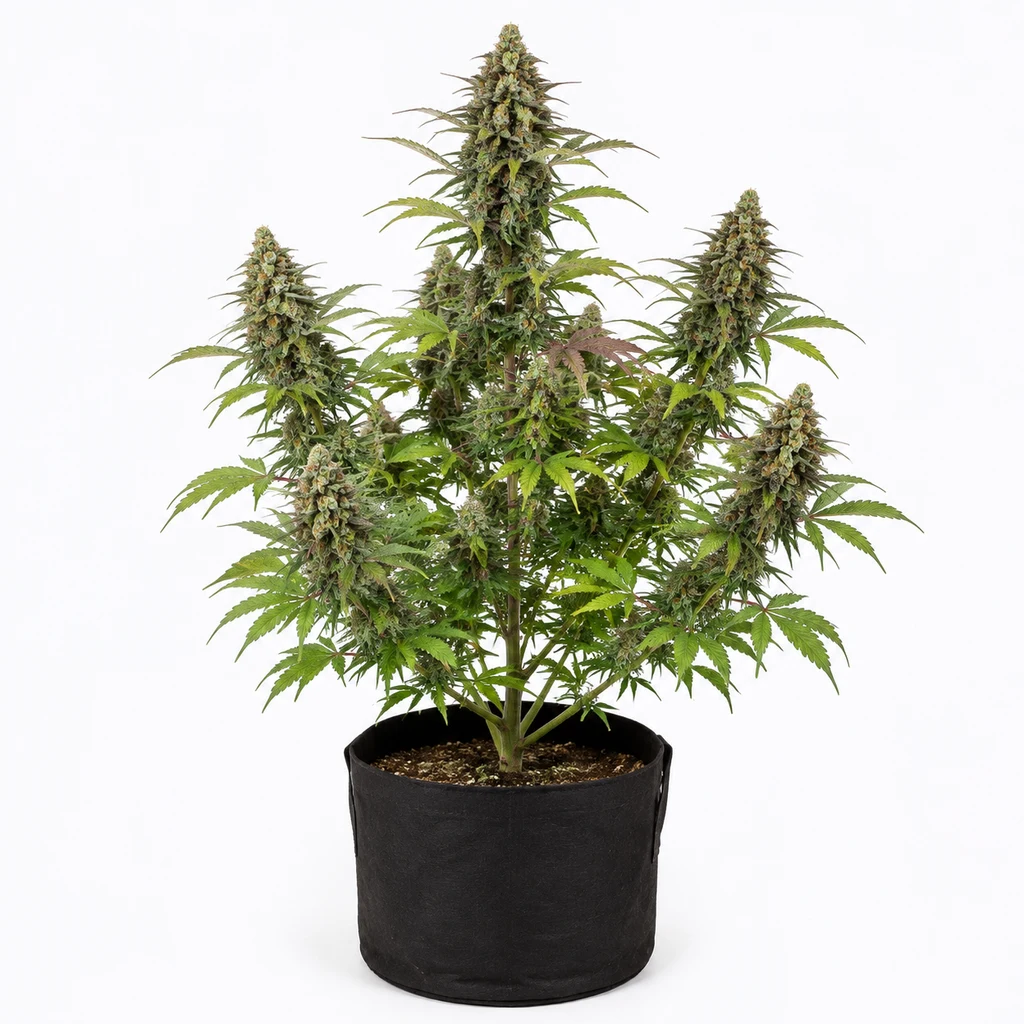 Ilustración de una planta de cannabis en maceta negra, con cogollos alargados, para la ficha de Mazzeta Regular.