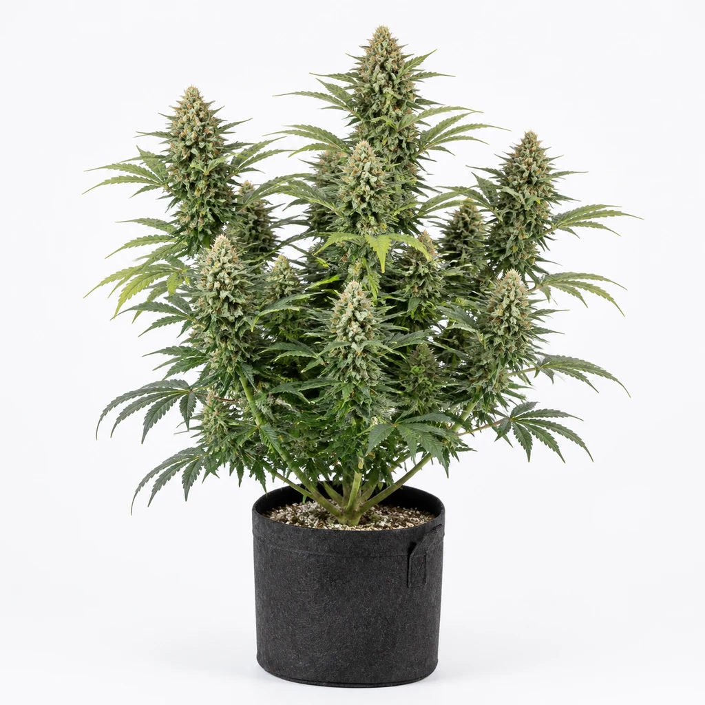 Ilustración de una planta de cannabis ramificada, con flores alargadas en maceta de tela negra, para la ficha de Zchupz Regular.