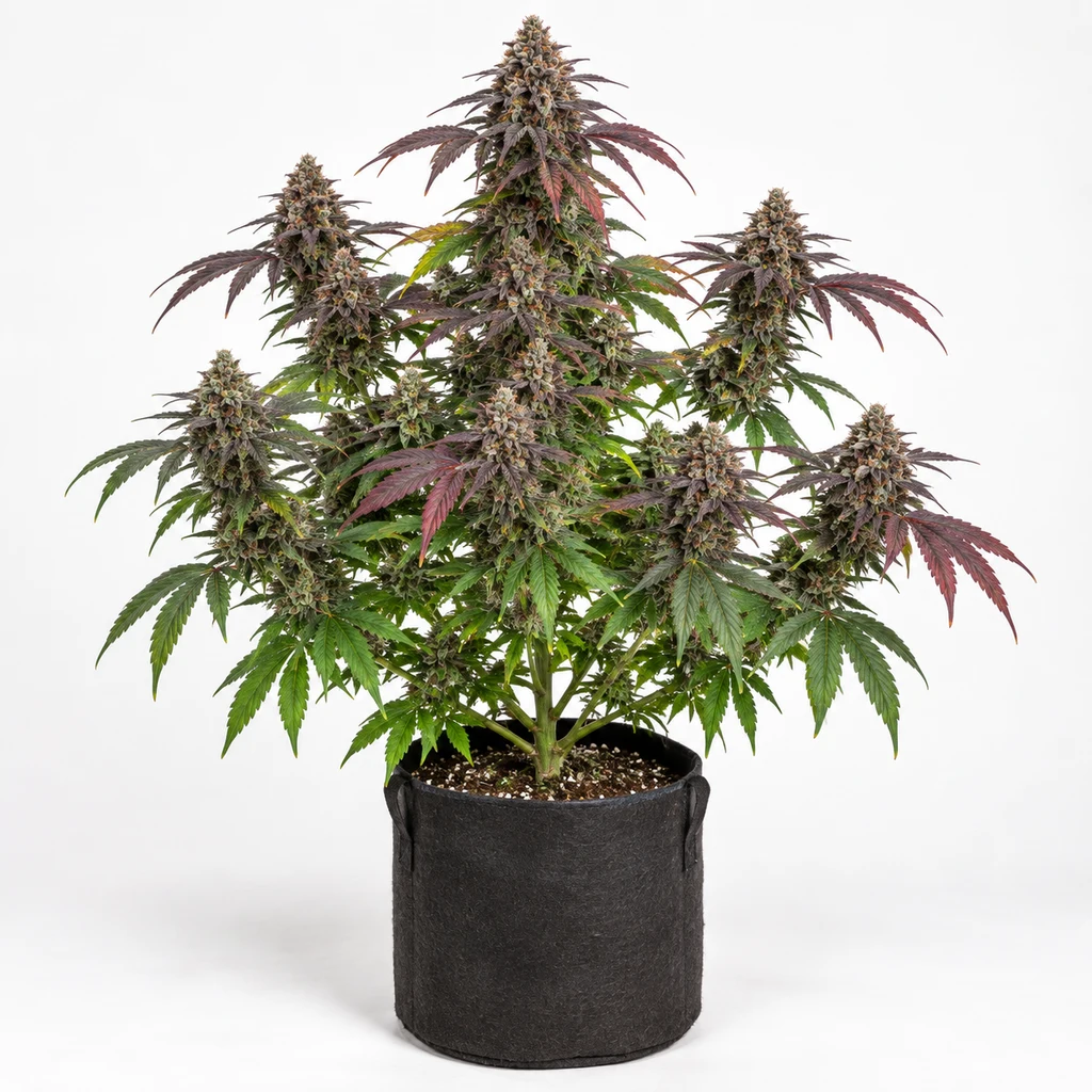 Ilustración de una planta de cannabis en maceta negra, con cogollos y hojas verdes y moradas, para la ficha de Bloody Cherry Regular.