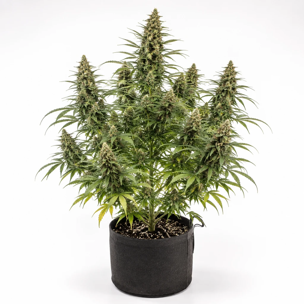 Ilustración de una planta de cannabis en floración para la ficha de AK Feminizada de Barney's Farm, en maceta negra sobre fondo blanco.
