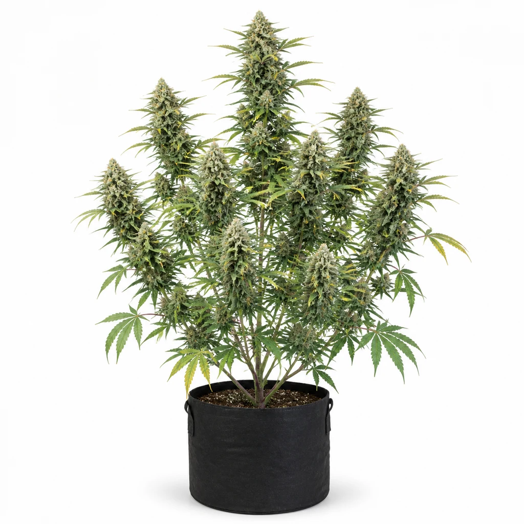 Ilustración de una planta de cannabis en floración en maceta negra, con varias ramas, para la ficha de Kingston Punch Feminizada.