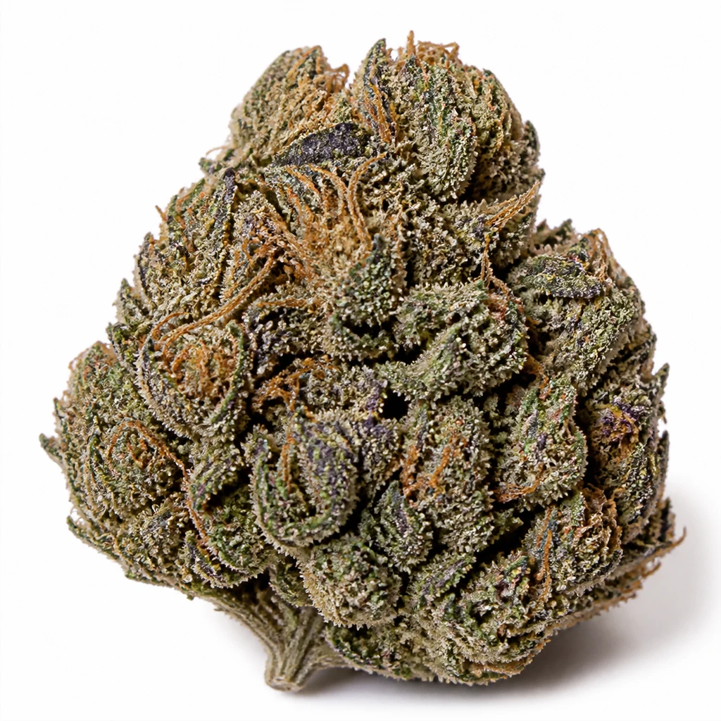 Ilustración de un cogollo ancho con hojas verdes y moradas y pistilos anaranjados para la ficha de Georgia Pie Feminizada de Advanced Seeds.