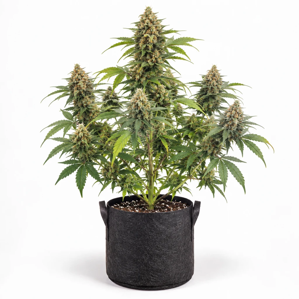 Ilustración de una planta de cannabis ramificada, con flores y hojas verdes en maceta negra, para la ficha de Mango Crack Feminizada.