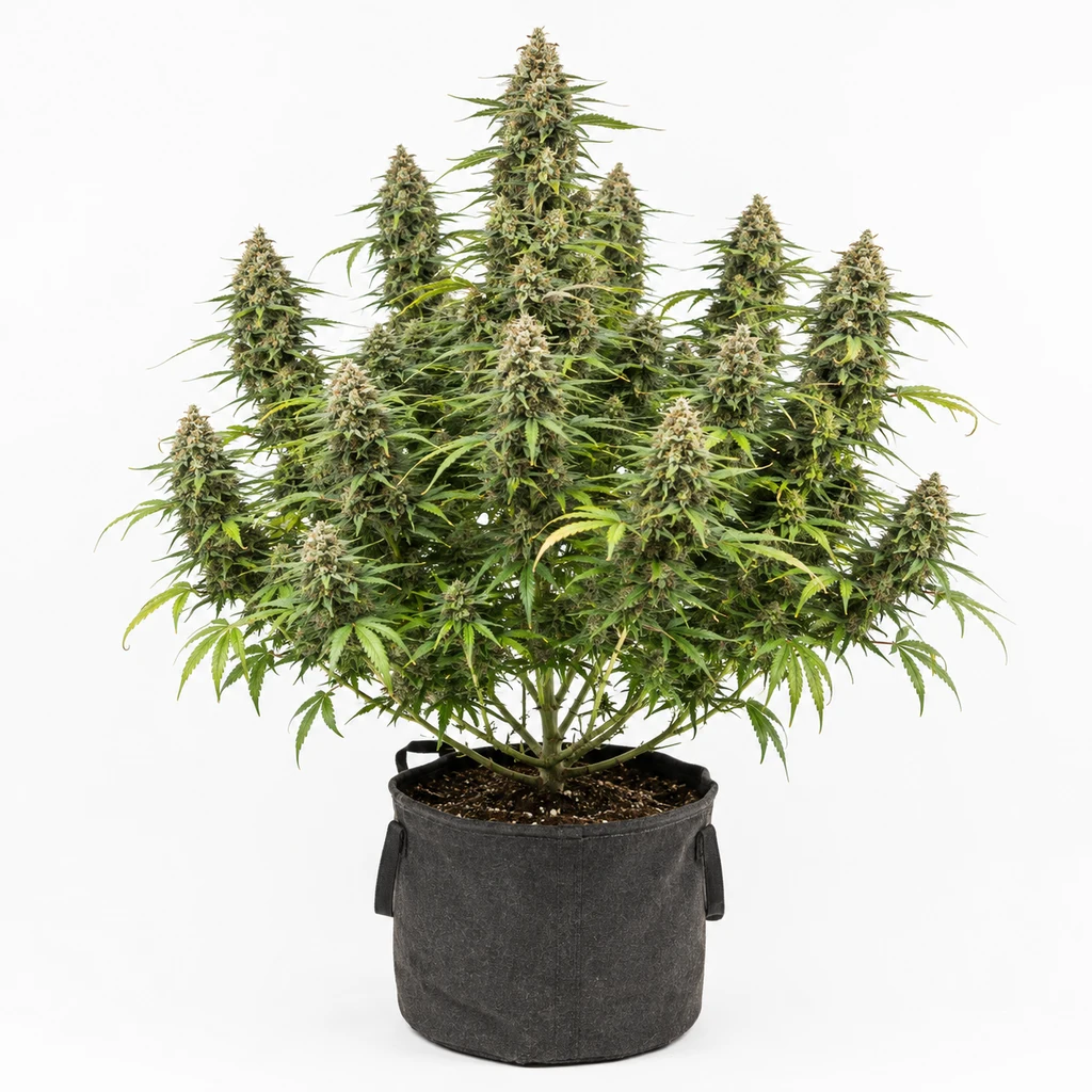 Ilustración de una planta de cannabis en floración en maceta textil oscura para la ficha de Super Lemon Cherry Feminizada de Sensi Seeds.