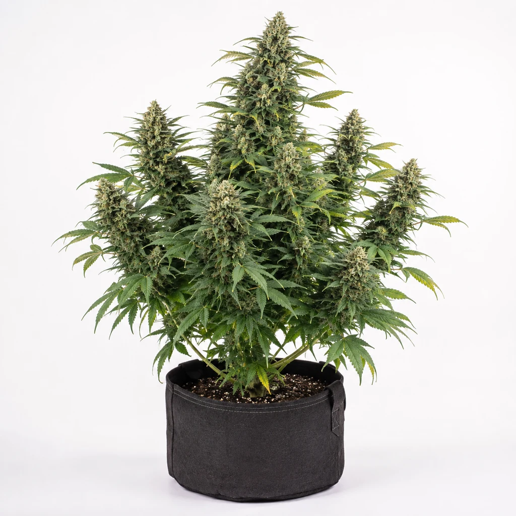Ilustración de una planta de cannabis con flores alargadas y follaje verde en maceta negra para la ficha de Poison Cookies Feminizada.
