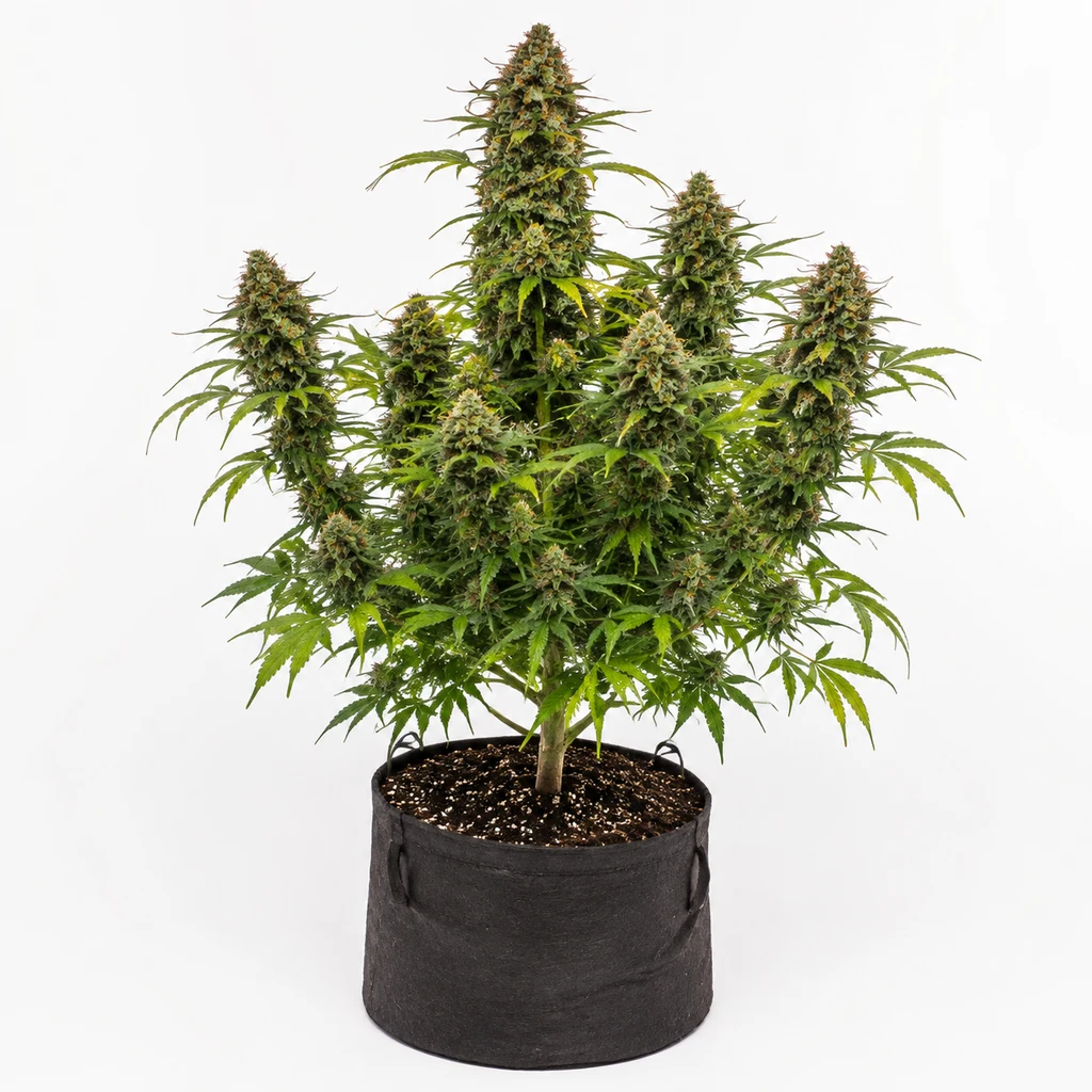 Ilustración de una planta de cannabis en floración en maceta negra, con varias ramas cargadas de cogollos, para la ficha de Honey Dipper Feminizada.