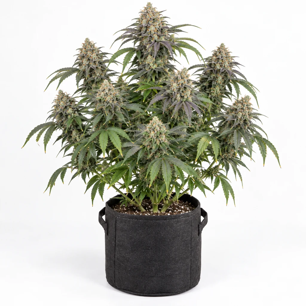 Ilustración de una planta para la ficha de Thin Mint Frosting Feminizada, con cogollos y hojas verdes y moradas en maceta negra con asas.