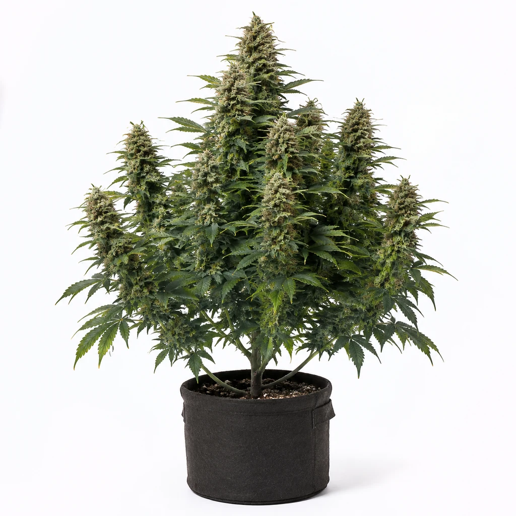 Ilustración de una planta de cannabis en floración para la ficha de Hindu Kush Regular de Barney's Farm, en maceta negra sobre fondo blanco.