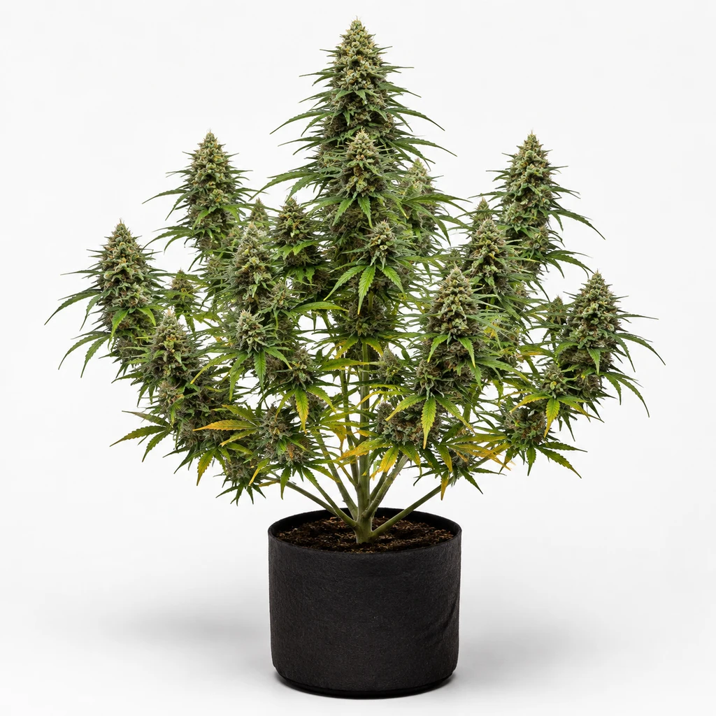 Ilustración de una planta ramificada con cogollos alargados en maceta negra, para la ficha de Amnesia Haze Feminizada de Barney's Farm.