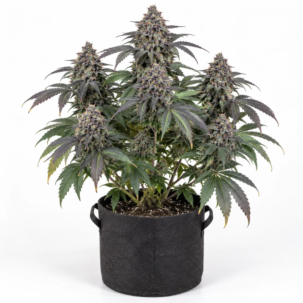 Ilustración de una planta de cannabis en floración para la ficha de GrandDaddy Purple Feminizada, con tonos morados y maceta negra.