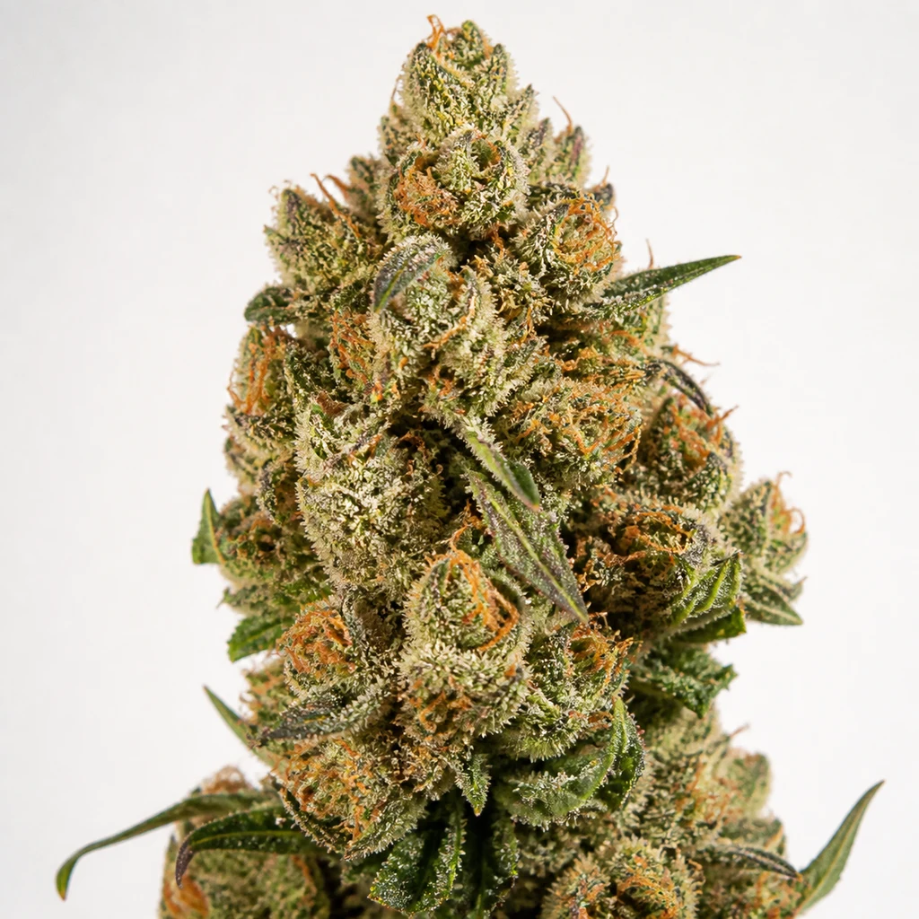 Ilustración de un cogollo alargado con hojas puntiagudas para la ficha de Banana OG x Zkittlez Regular de Tramuntana Seeds.