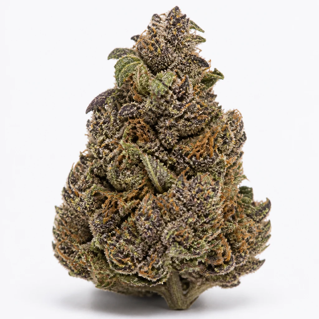 Ilustración de un cogollo con tonos morados y verdes y filamentos anaranjados para la ficha de Purple Punch x Zkittlez Regular.