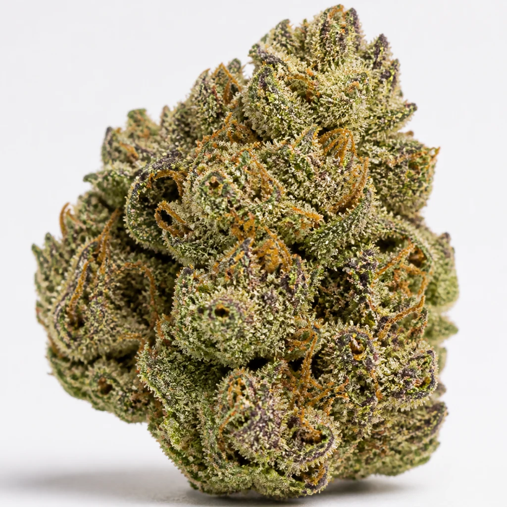 Ilustración de un cogollo verde con tonos morados y filamentos naranjas para la ficha de E85 x Zkittlez Regular de Tramuntana Seeds.