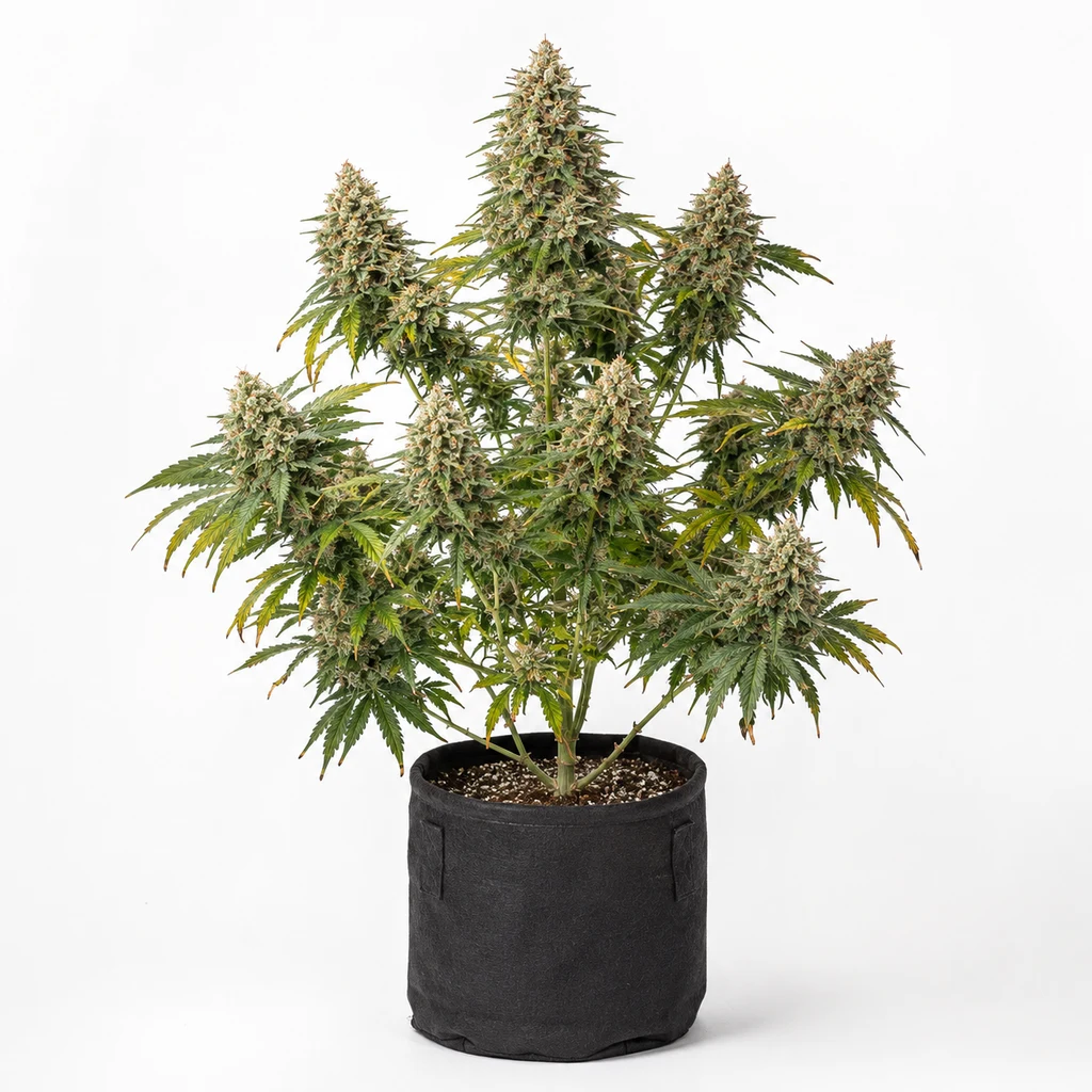 Ilustración de una planta de cannabis con flores y maceta negra para la ficha de E85 x Zkittlez Regular, sobre fondo blanco.