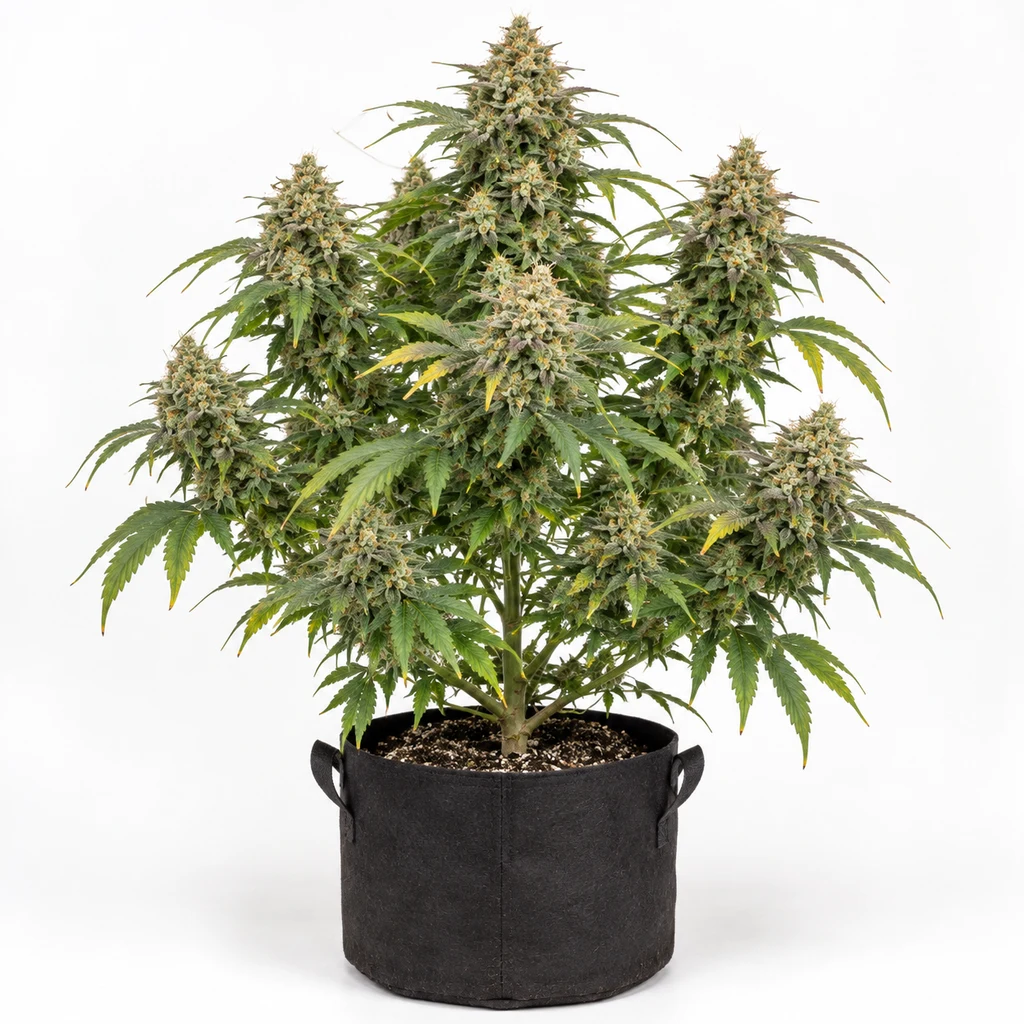 Ilustración de una planta en maceta con asas para la ficha de Apple Bananas x Zkittlez Regular, con cogollos densos y hojas verdes y amarillentas.