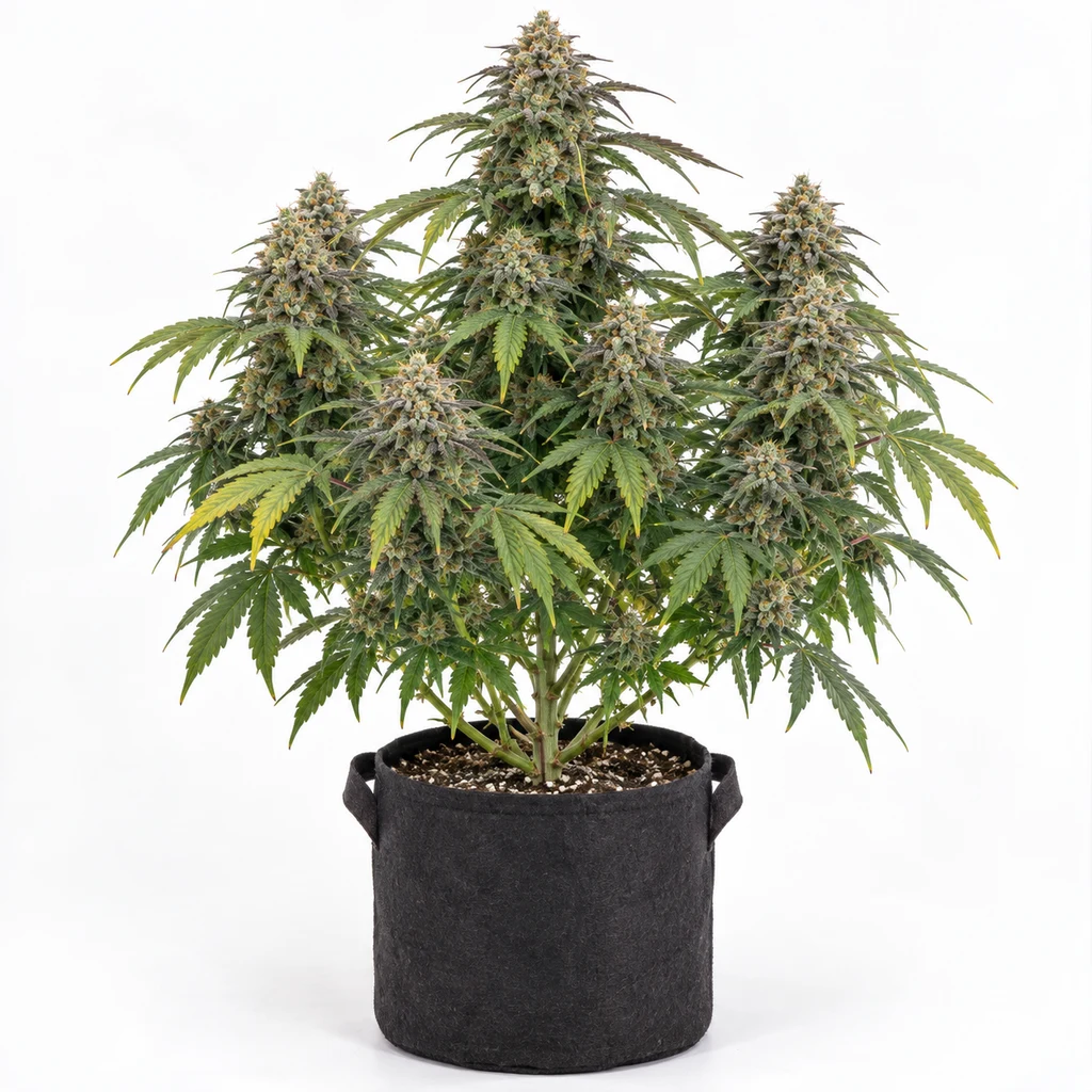 Ilustración de una planta en floración para la ficha de Hash Triangle Regular, con varias colas y hojas verdes en maceta negra con asas.