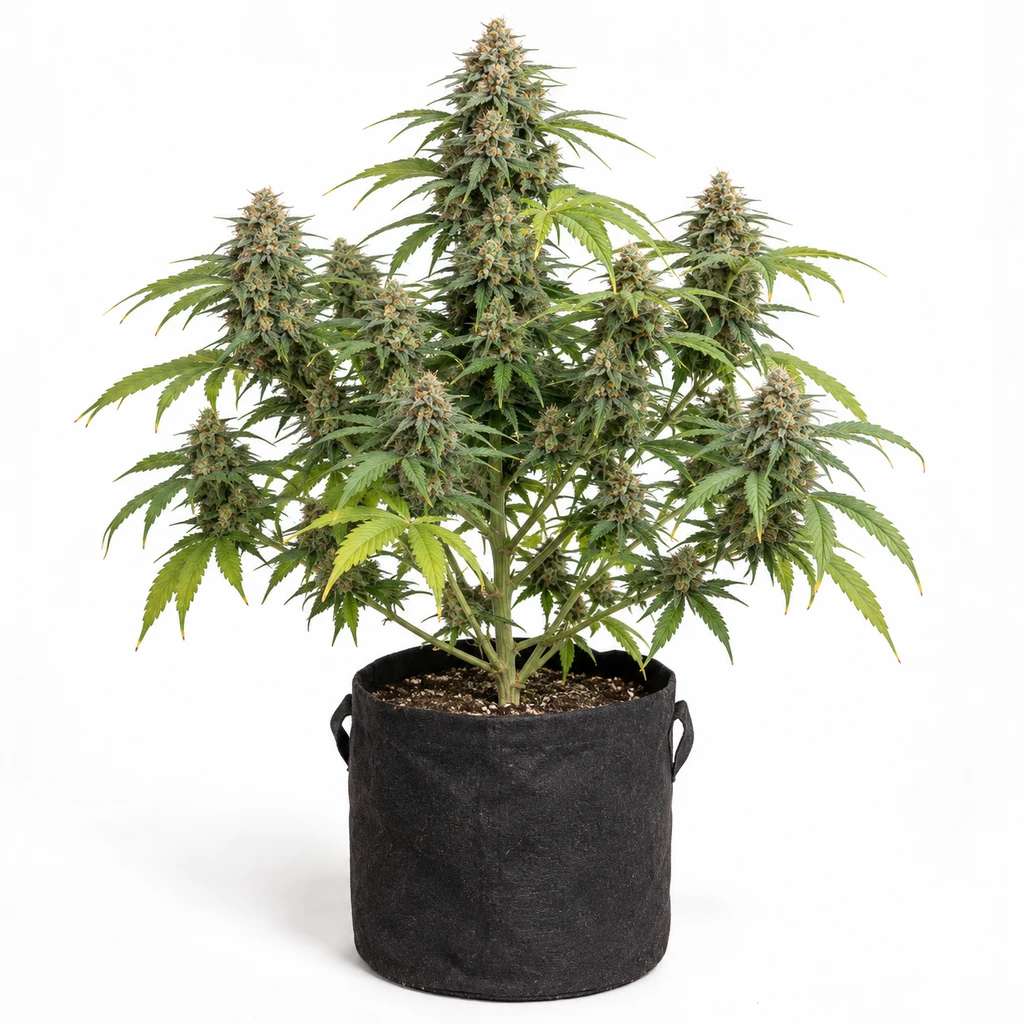 Ilustración de una planta de cannabis ramificada, con flores y hojas verdes y amarillas, para la ficha de Panflakes Regular.