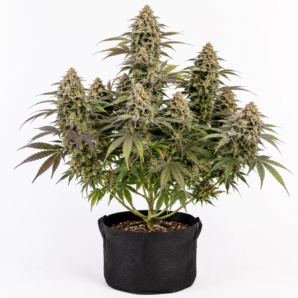 Ilustración de una planta de cannabis en floración en maceta textil negra para la ficha de Antigravity Regular de Bask Triangle Farms.