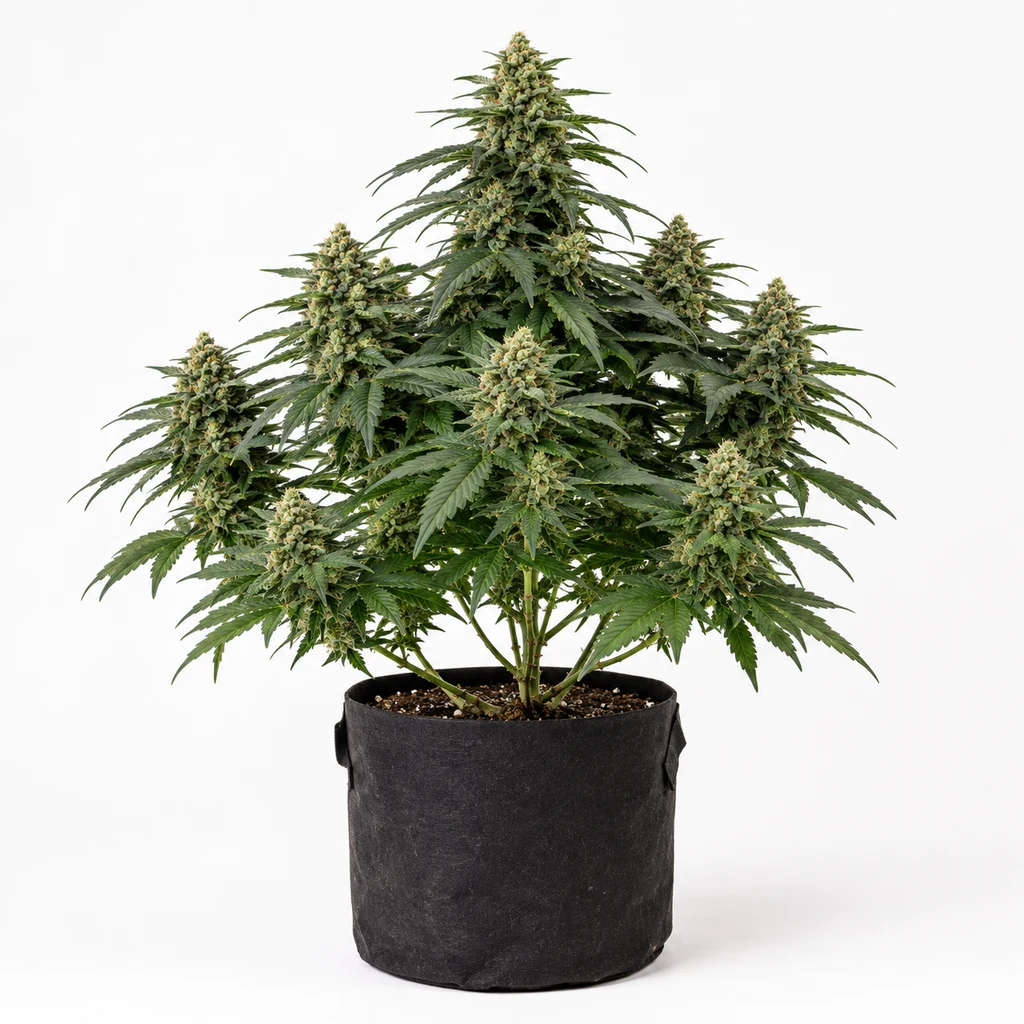 Ilustración de una planta de cannabis en floración en maceta negra, con cogollos en varias ramas, para la ficha de Gak Fobia Feminizada.