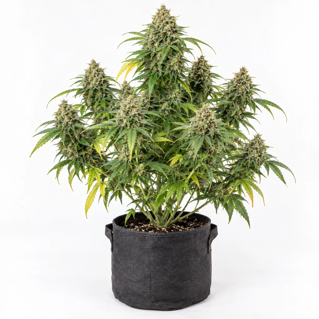 Ilustración de una planta de cannabis en floración para la ficha de Banana Splash Feminizada, en maceta negra sobre fondo blanco.