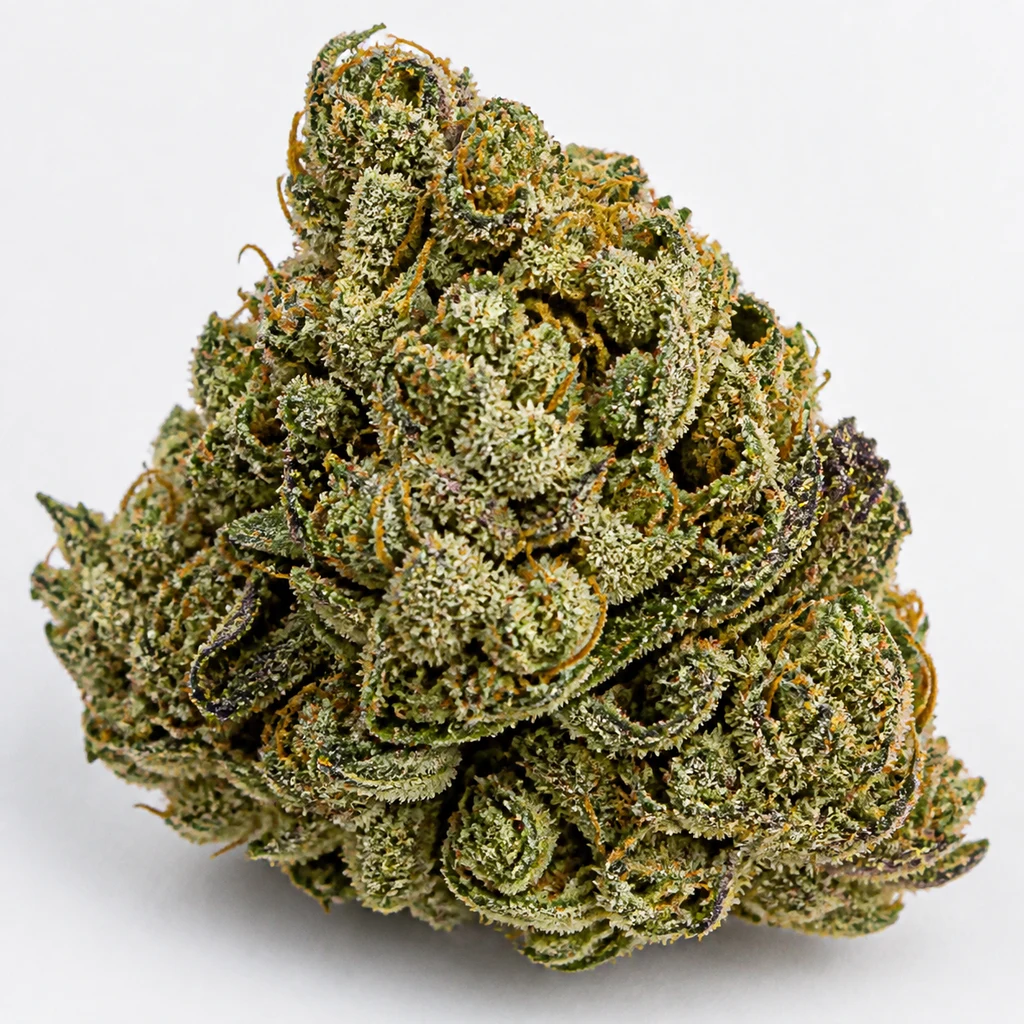 Ilustración de un cogollo verde con hojas moradas, filamentos naranjas y cobertura blanquecina, para la ficha de Kosher Kush BX Feminizada.