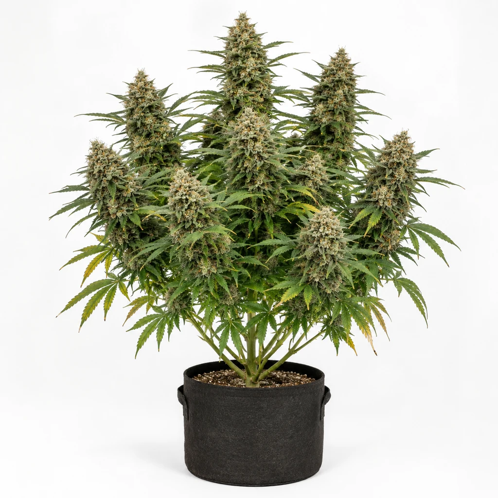 Ilustración de una planta de cannabis con abundantes flores y hojas verdes en maceta negra para la ficha de Apple Mints Feminizada.