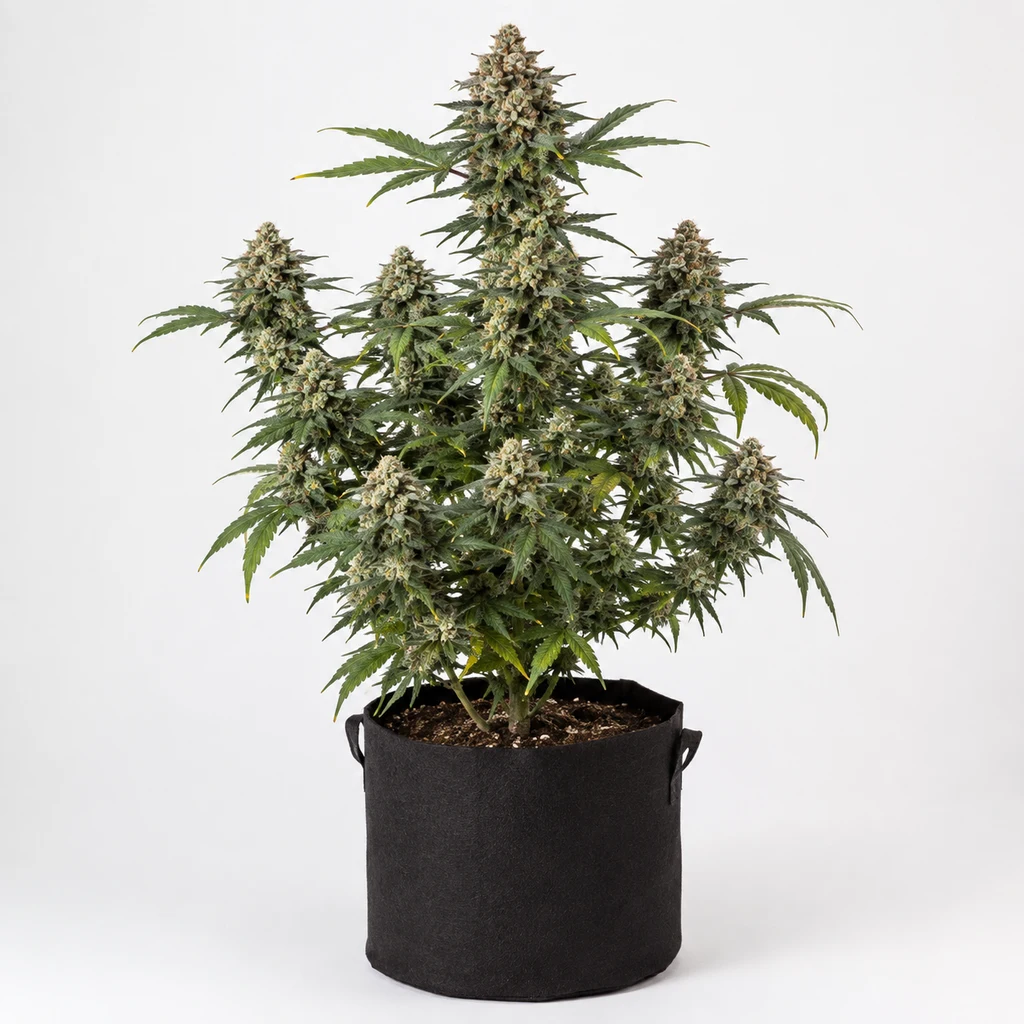 Ilustración de planta en floración con cogolla central alta y maceta negra para la ficha de Auto Frosted Zinn x Cookie Dog.