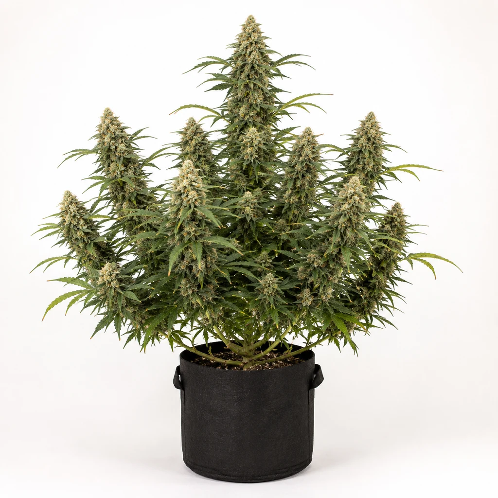 Ilustración de una planta de cannabis con cogollos alargados y maceta negra sobre fondo blanco para la ficha de Mimosa Cake Auto.