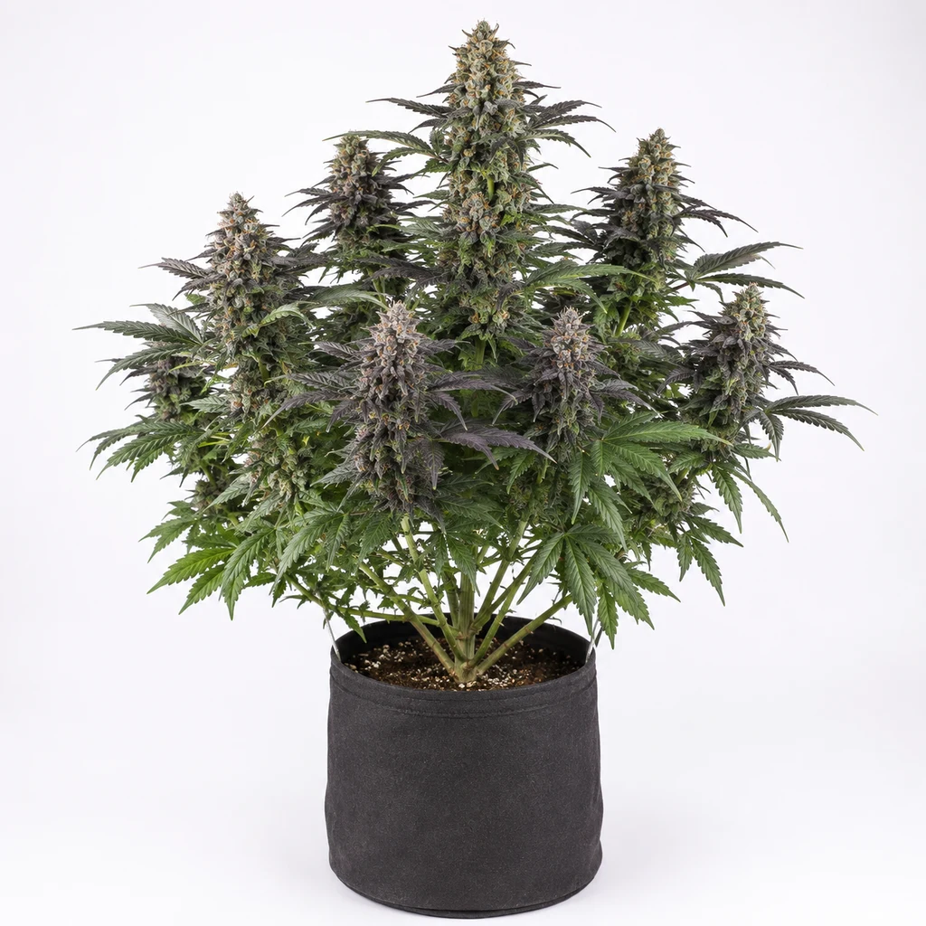 Ilustración de una planta con cogollos alargados y hojas verdes y violáceas en maceta negra, para la ficha de Purple Punch Feminizada.