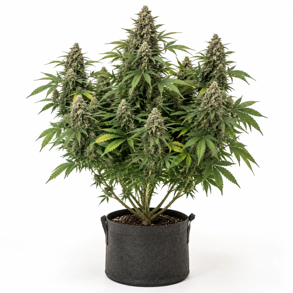 Ilustración de una planta de cannabis frondosa con cogollos alargados en maceta negra para la ficha de Insanity OG Feminizada.