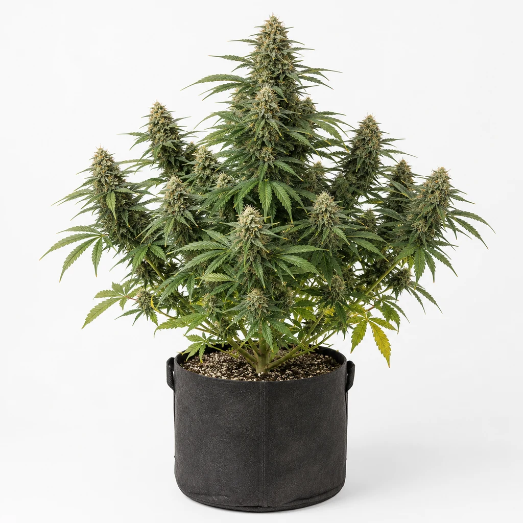 Ilustración de una planta de cannabis en floración para la ficha de Mandy Burger, con varios cogollos y maceta textil negra sobre fondo blanco.