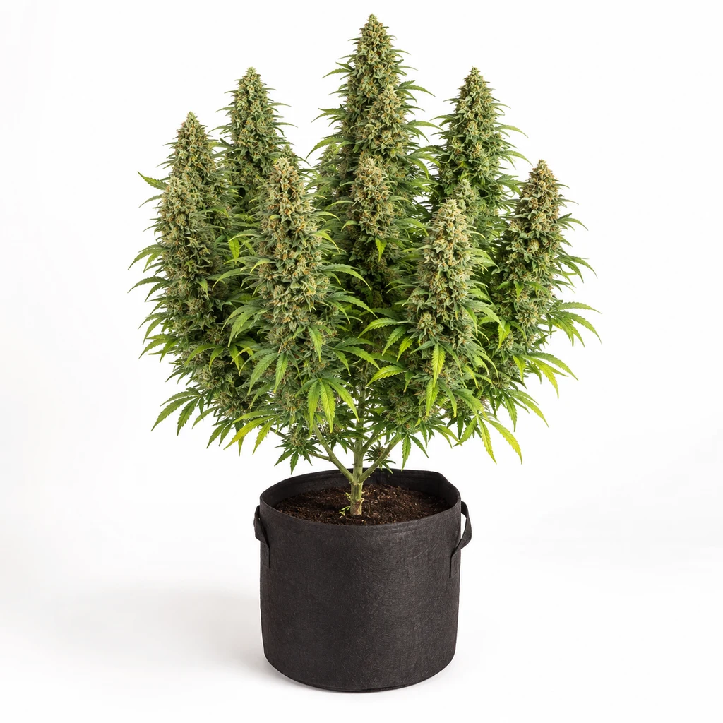 Ilustración de una planta de cannabis con flores alargadas en maceta negra para la ficha de Limonchello Feminizada de Barney's Farm.