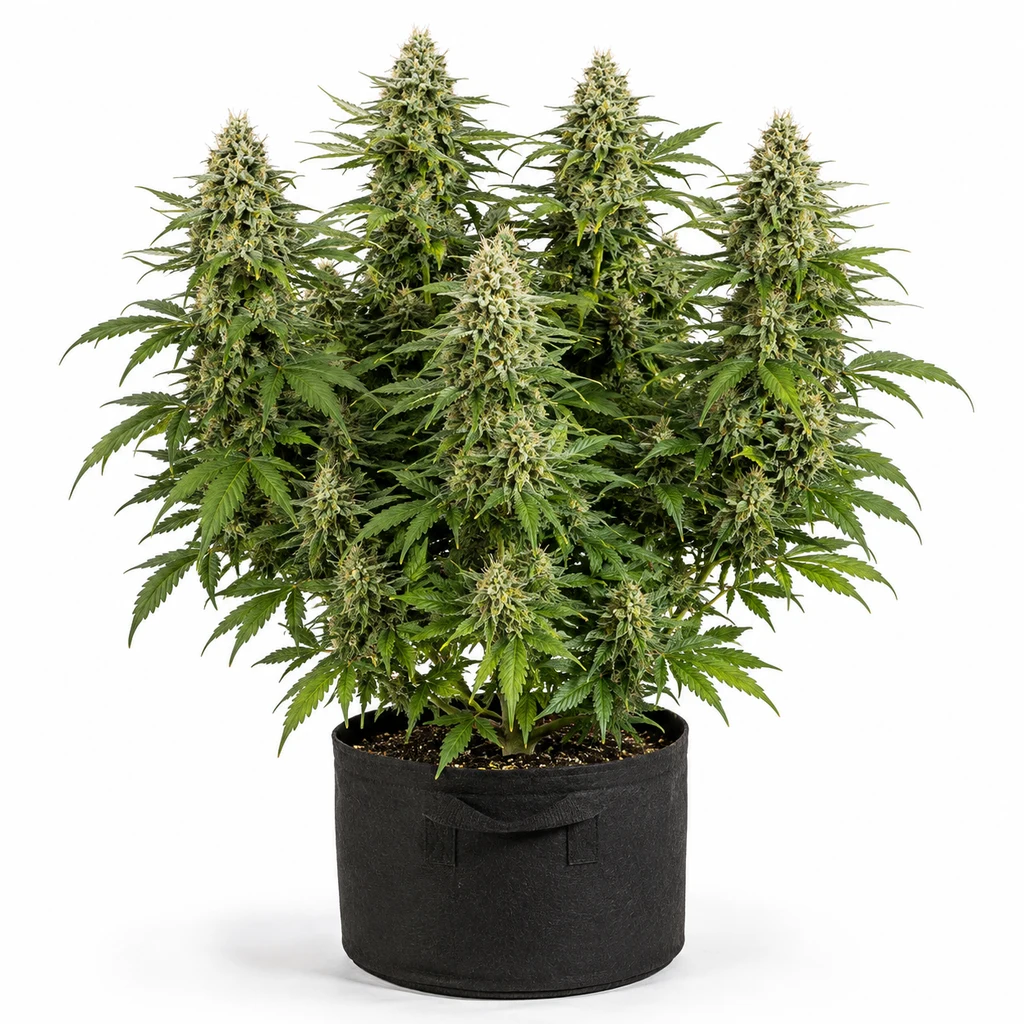 Ilustración de una planta de cannabis en floración en maceta textil negra para la ficha de White Widow XXL Feminizada.