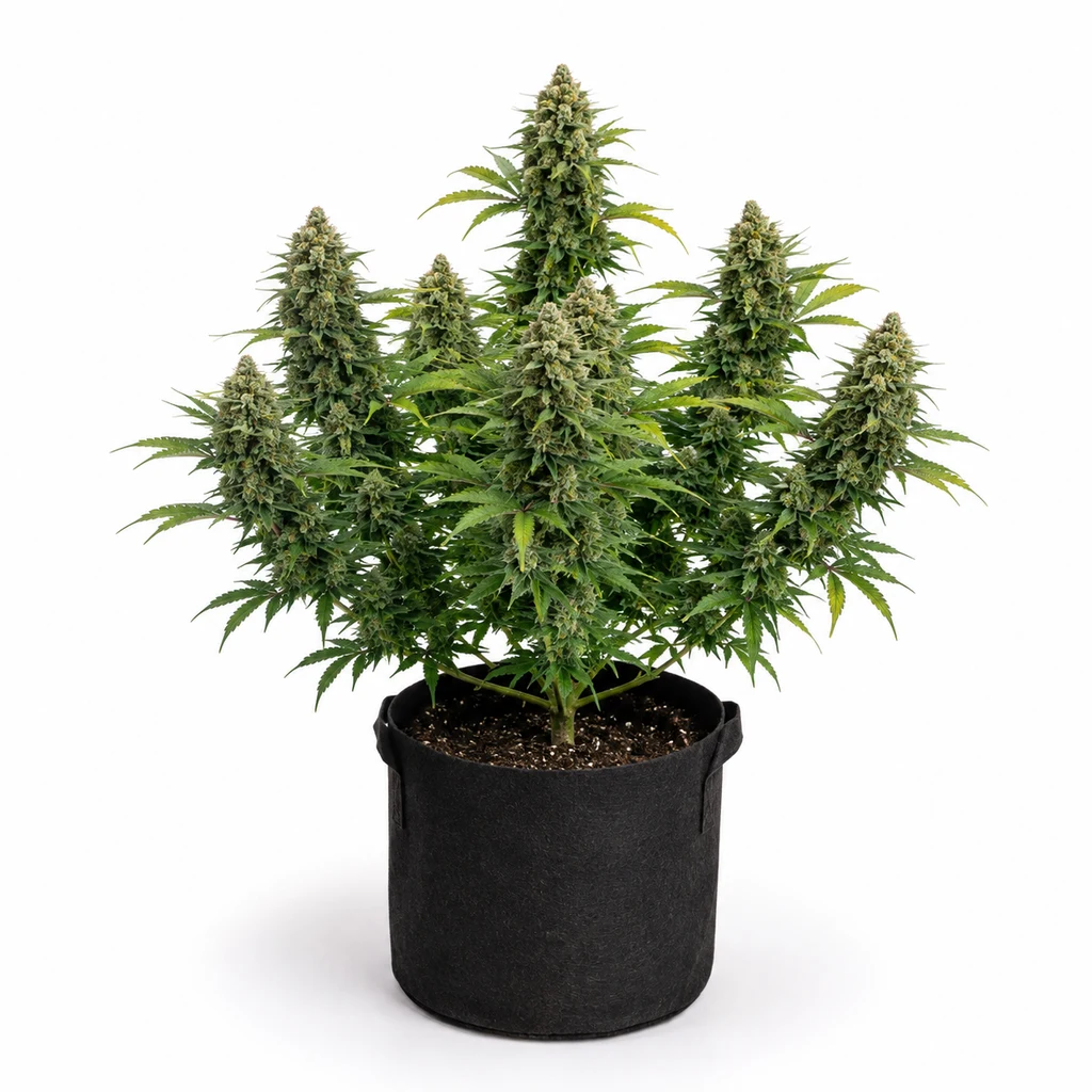 Ilustración de una planta para la ficha de Auto Jack Herer, con cogollos alargados y hojas verdes en una maceta negra sobre fondo blanco.