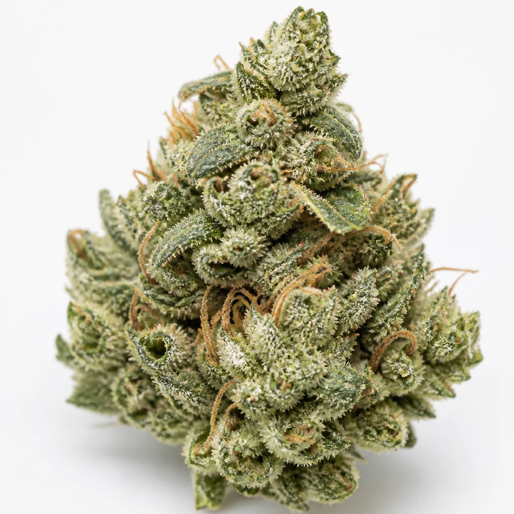 Ilustración de un cogollo verde con abundantes tricomas claros y pistilos anaranjados para la ficha de Auto White Widow.