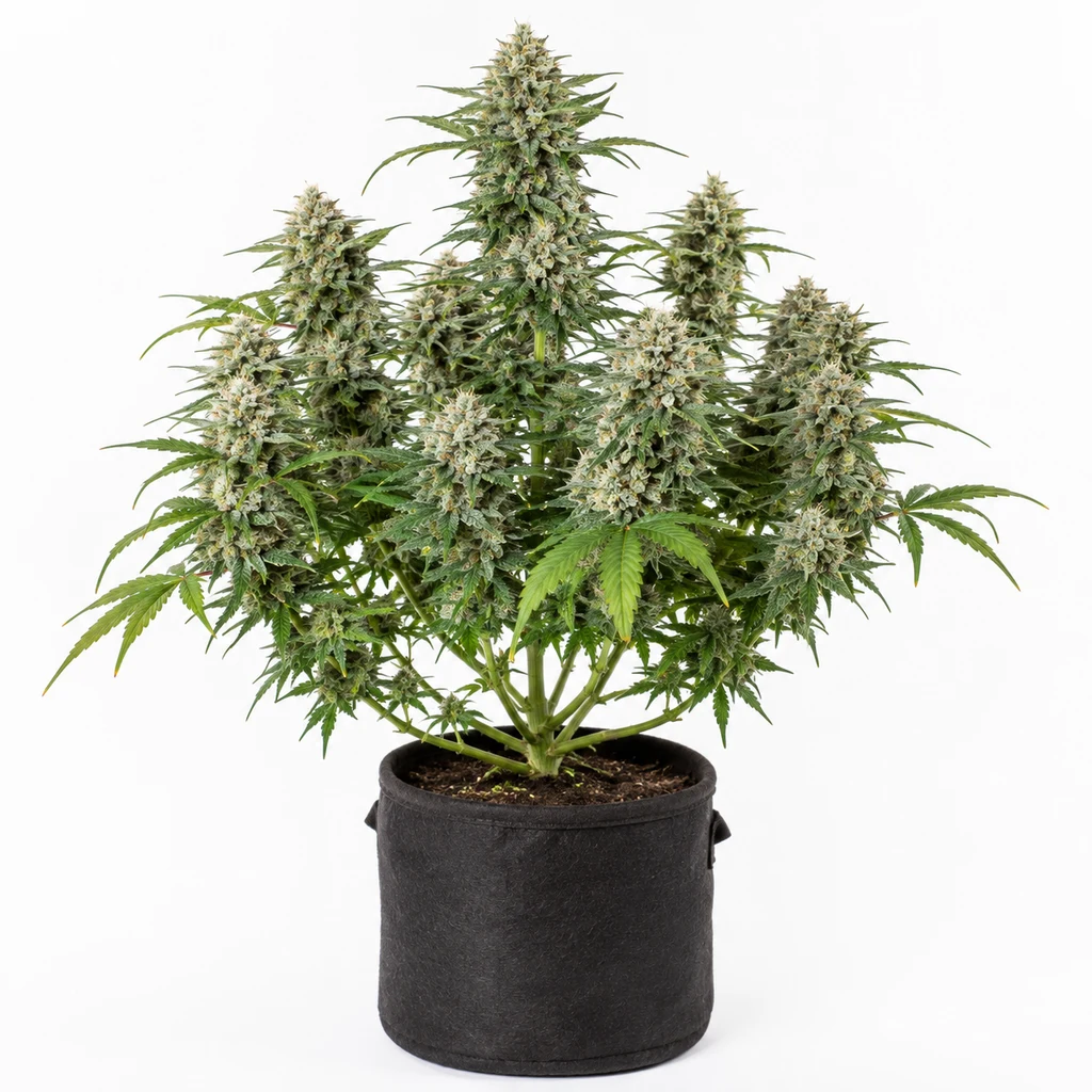 Ilustración de una planta en floración en maceta negra, con varias colas, para la ficha de Auto White Widow – Barney's Farm.