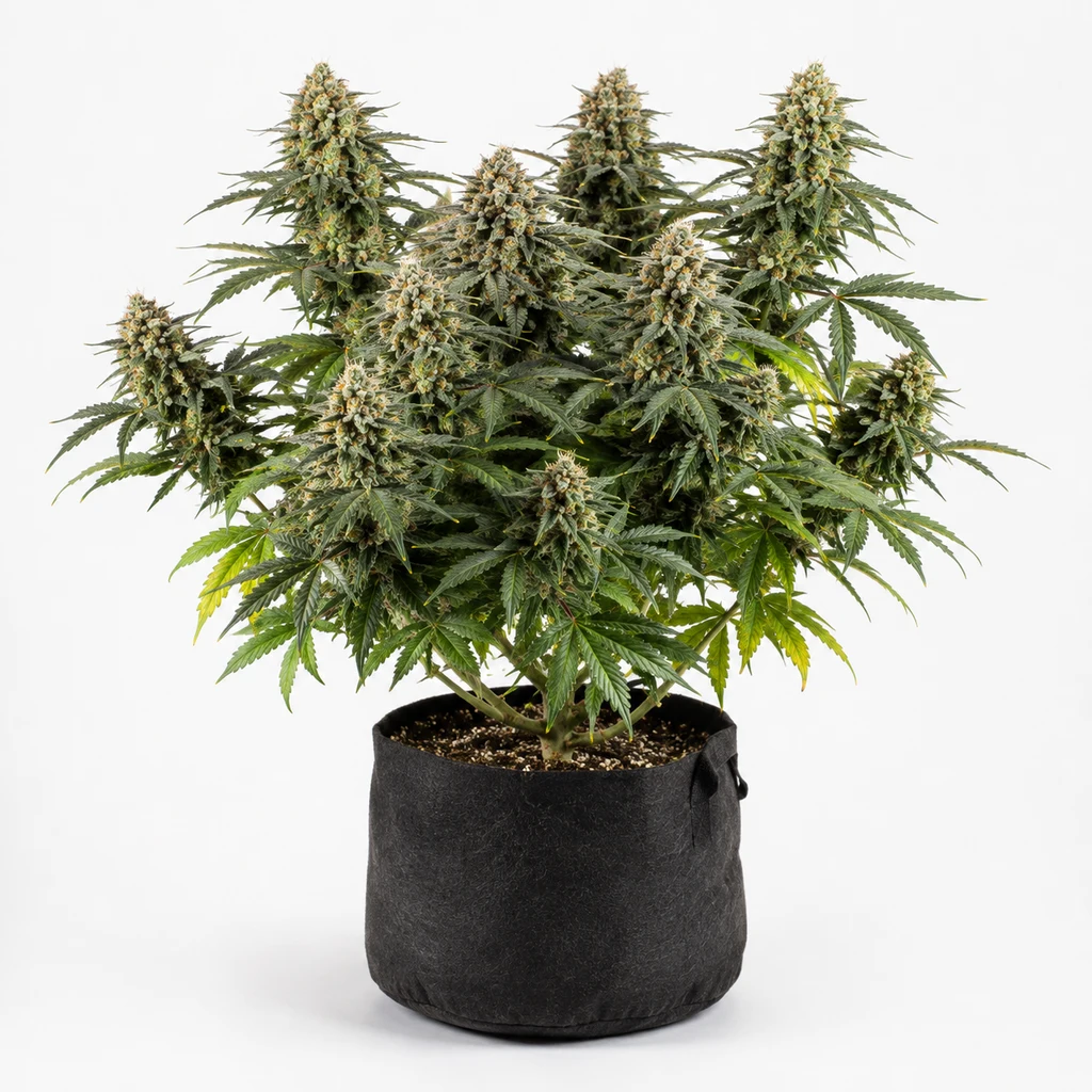 Ilustración de una planta de cannabis para la ficha de GMint Feminizada, con abundantes cogollos y maceta negra sobre fondo blanco.