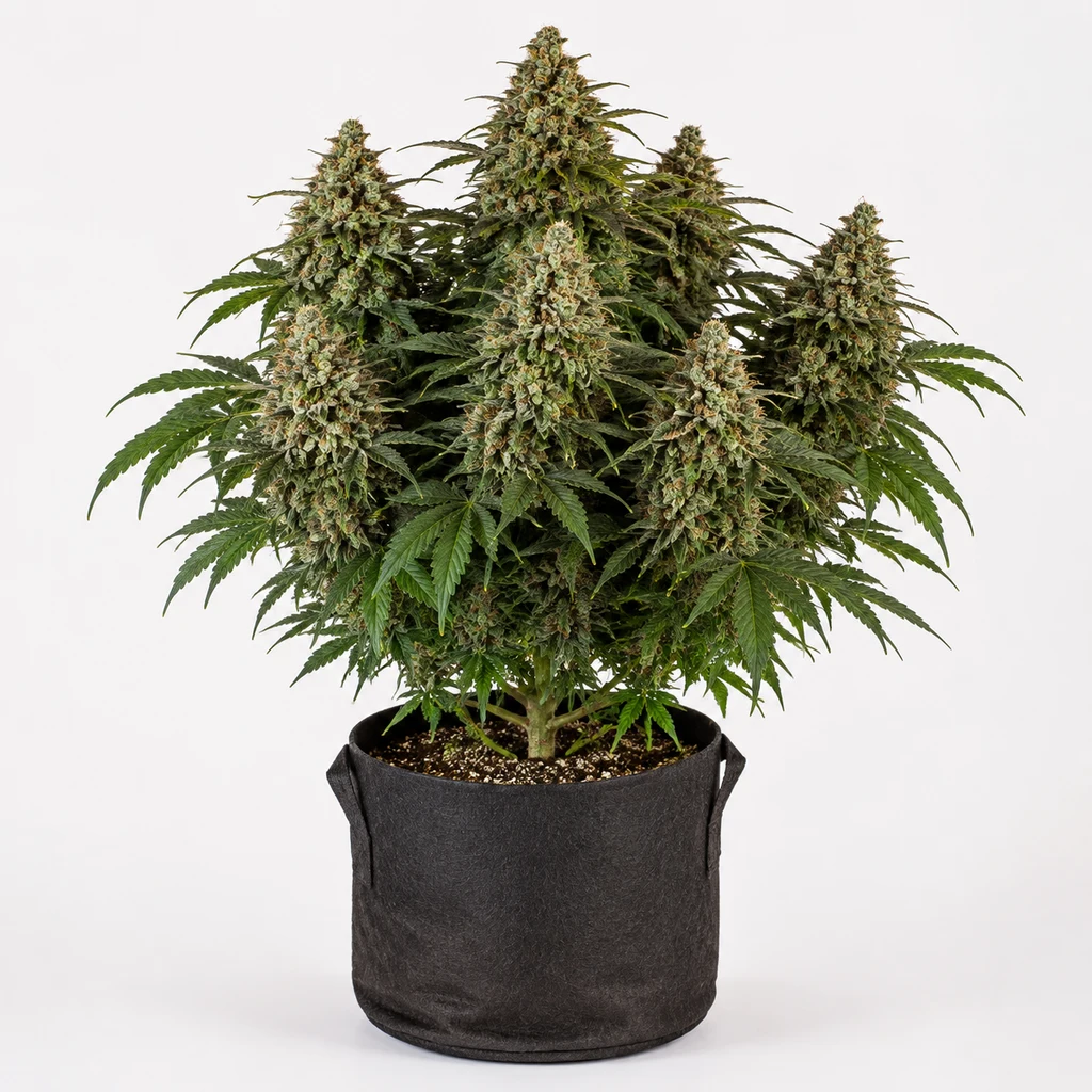 Ilustración de una planta con abundantes cogollos y hojas verdes en maceta negra para la ficha de Auto Afghan Hash Plant – Barney's Farm.