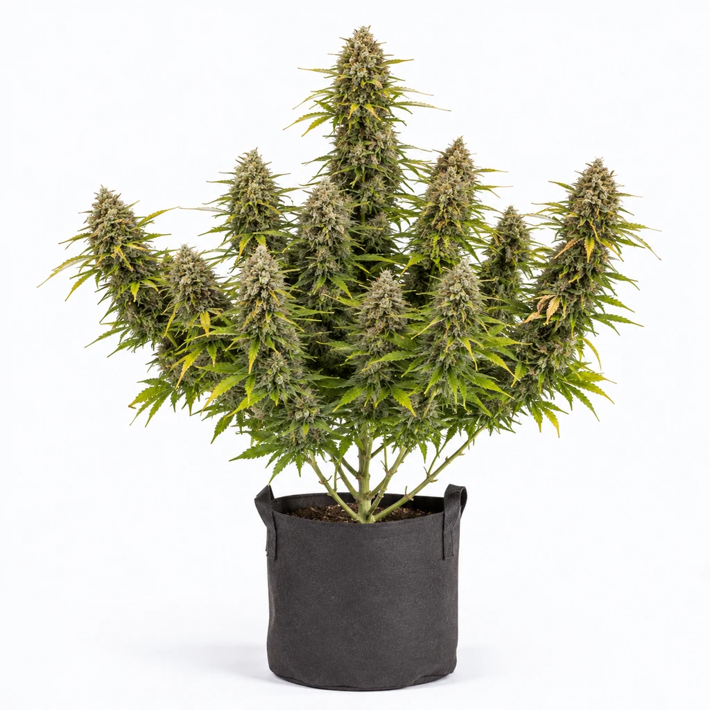 Ilustración de una planta de cannabis en floración, con varias ramas y cogollos en maceta de tela negra, para la ficha de Allkush Feminizada.