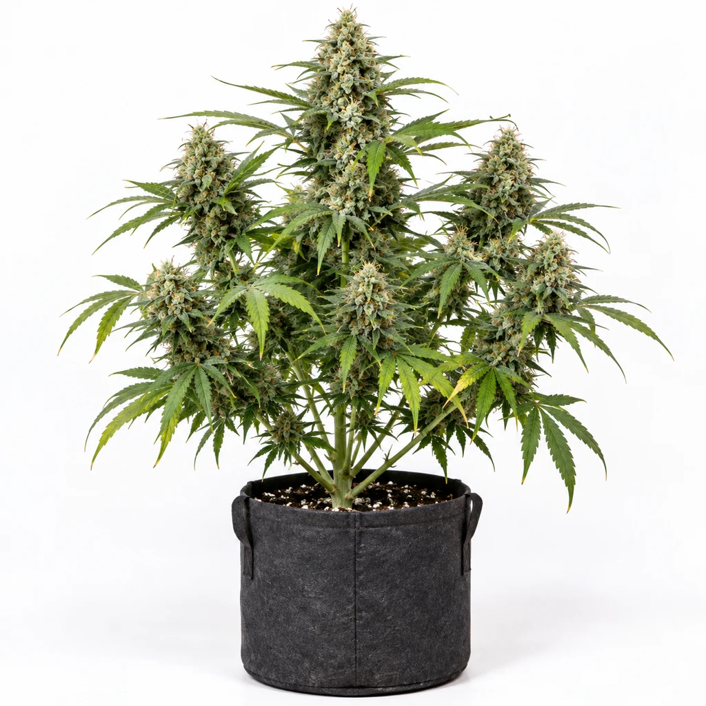 Ilustración de una planta con flores densas en maceta negra para la ficha de Colección de Campeonas Indica Feminizadas de Paradise Seeds.