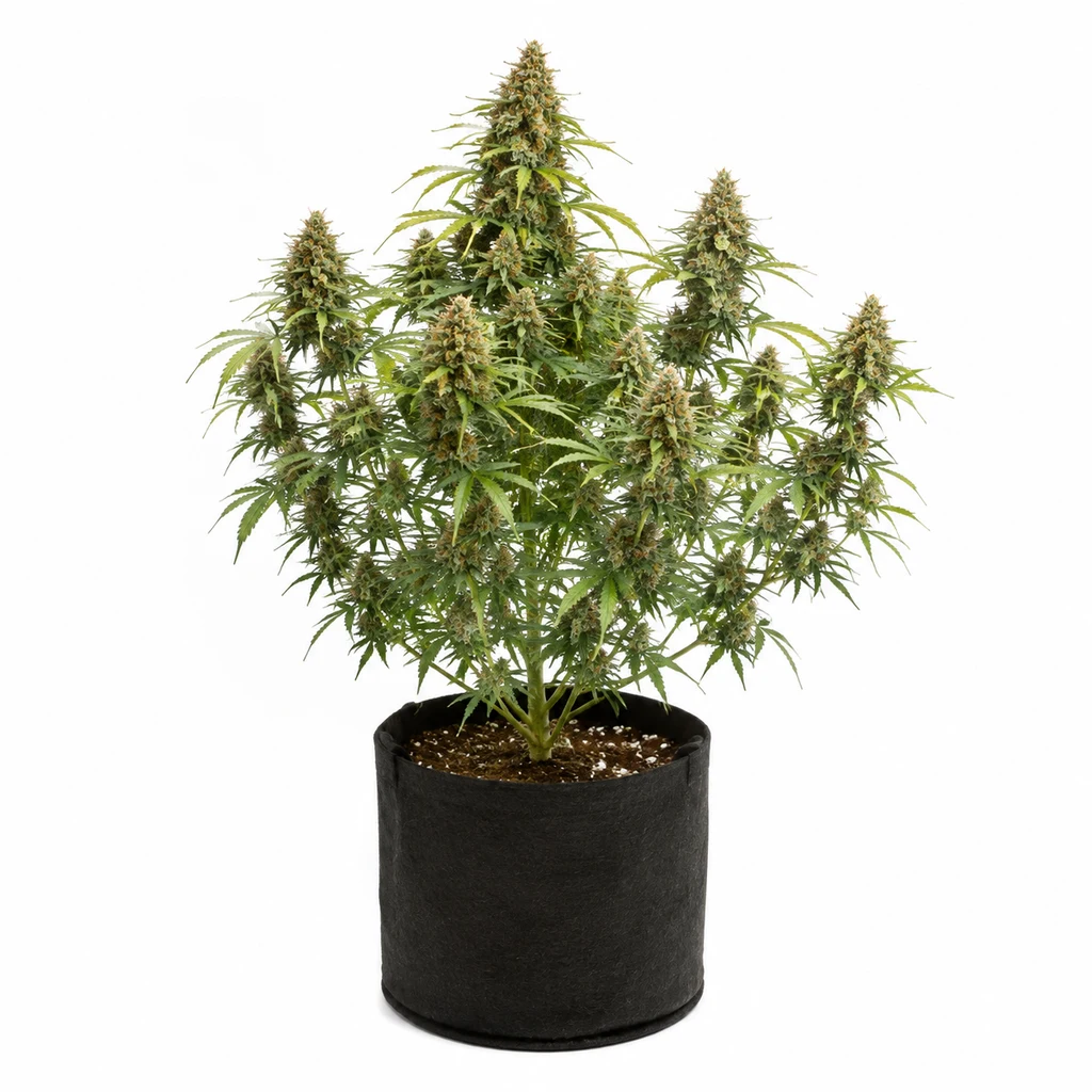 Ilustración de una planta con abundantes flores y hojas verdes en maceta negra para la ficha de Tropicana Crush Feminizada de Paradise Seeds.