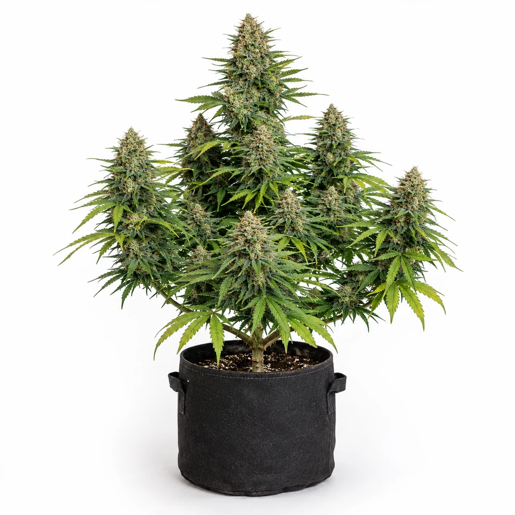 Ilustración de una planta con cogollo central alto y ramas floridas en maceta negra para la ficha de Buddhas Sister Feminizada.