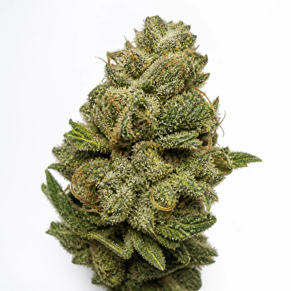 Ilustración de un cogollo verde con hojas pequeñas, filamentos anaranjados y superficie blanquecina para la ficha de BCN Sour Diesel Feminizada.