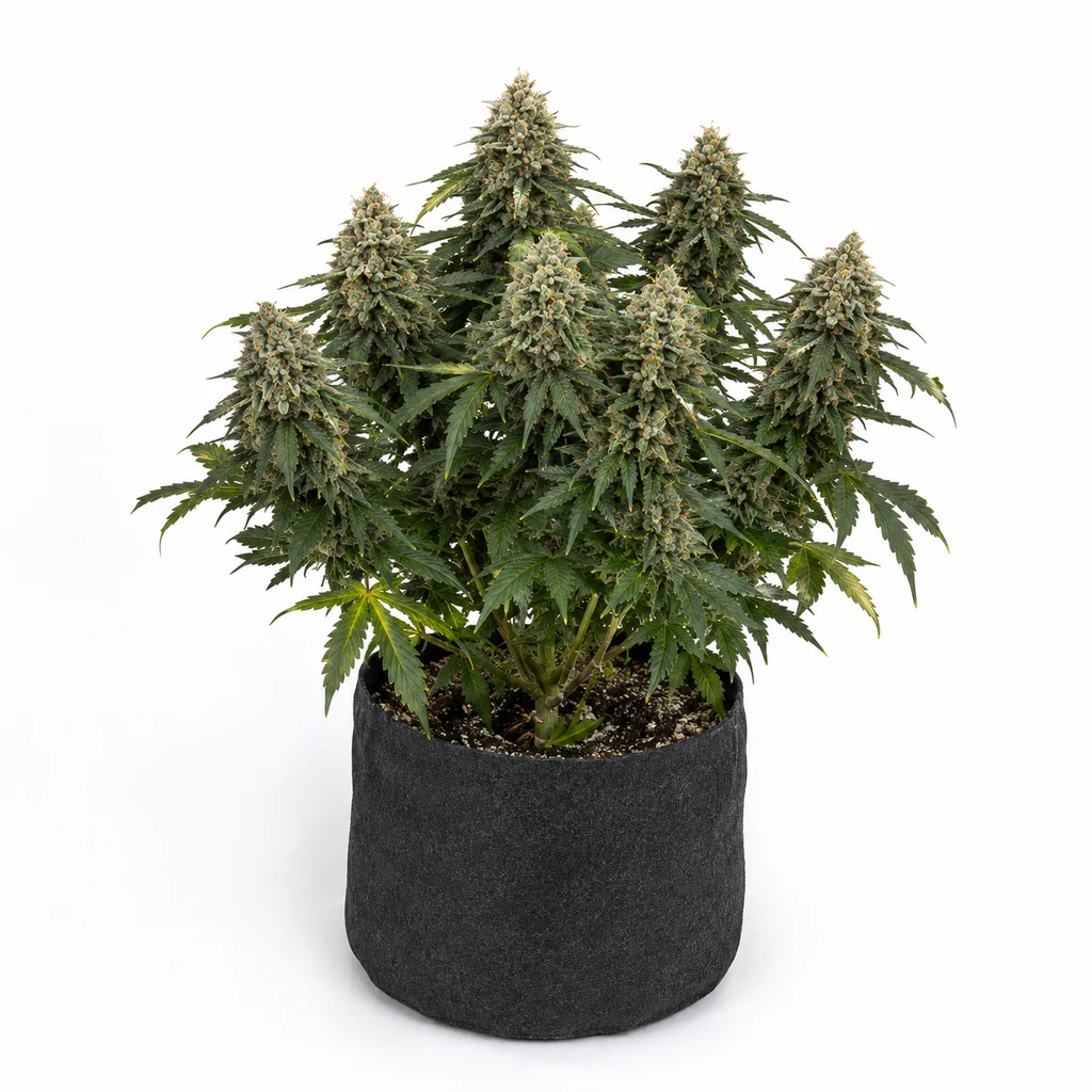 Ilustración de una planta compacta con cogollos densos en maceta textil oscura, para la ficha de Canadian Kush 2.0.